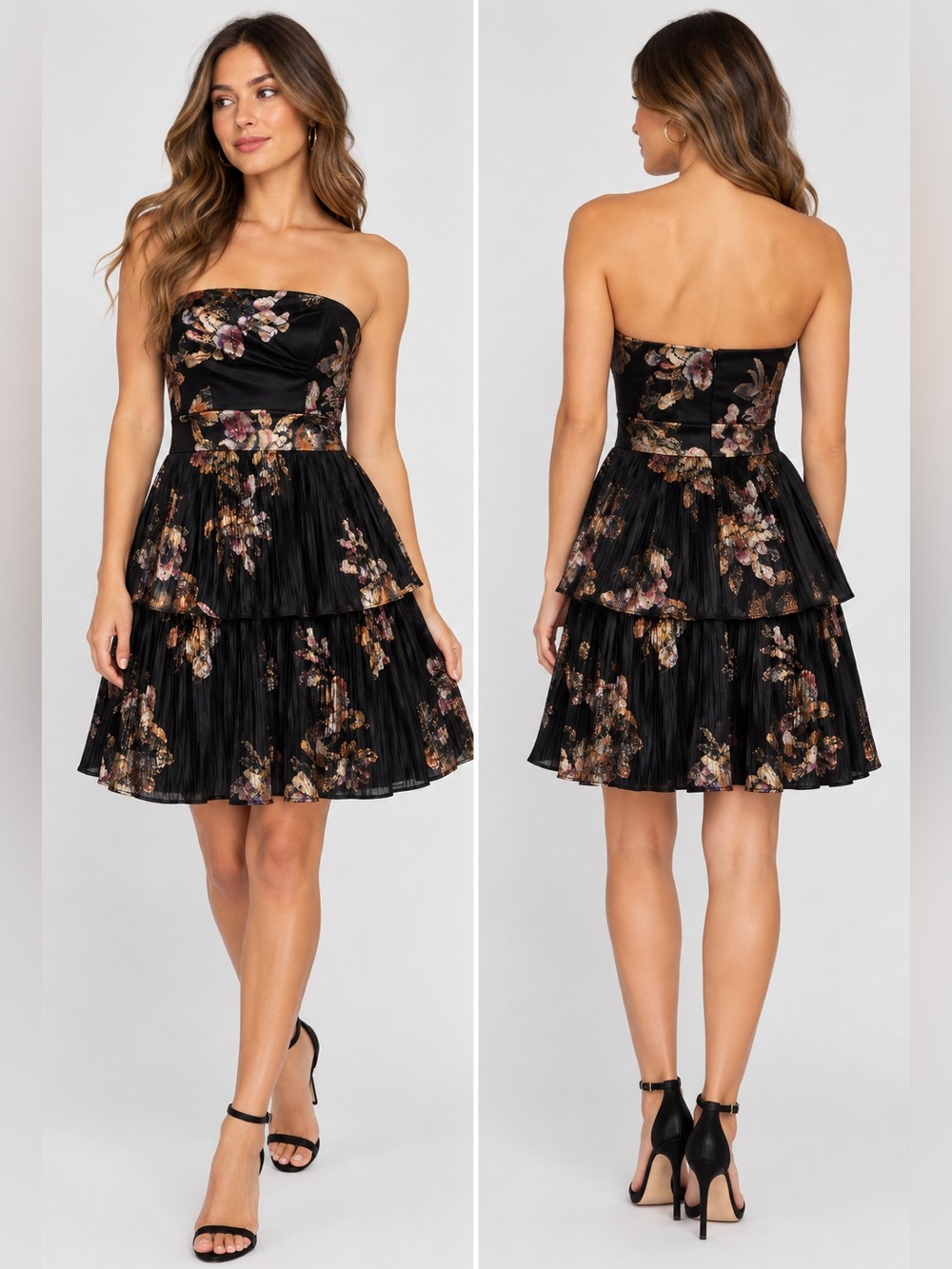 Dress the Population Black Multi Metallic Strapless Ruffle Minidress Size Large